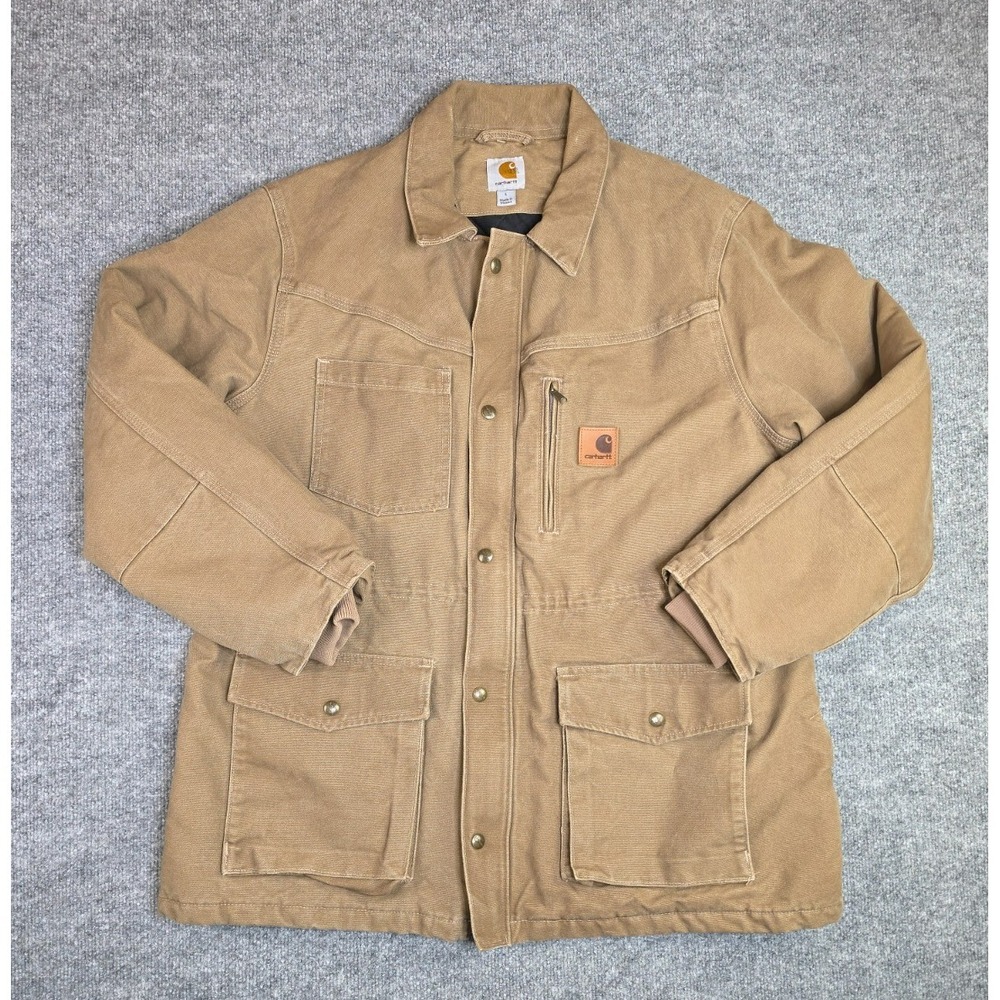 Vintage Carhartt Jacket RN 14806 Quilt Lined Men's Corduroy Collar Tan Large EUC